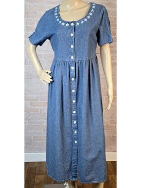 Sophia Rose Vtg Blue Denim Babydoll Maxi Dress Embroidery Cottagecore Women's 10